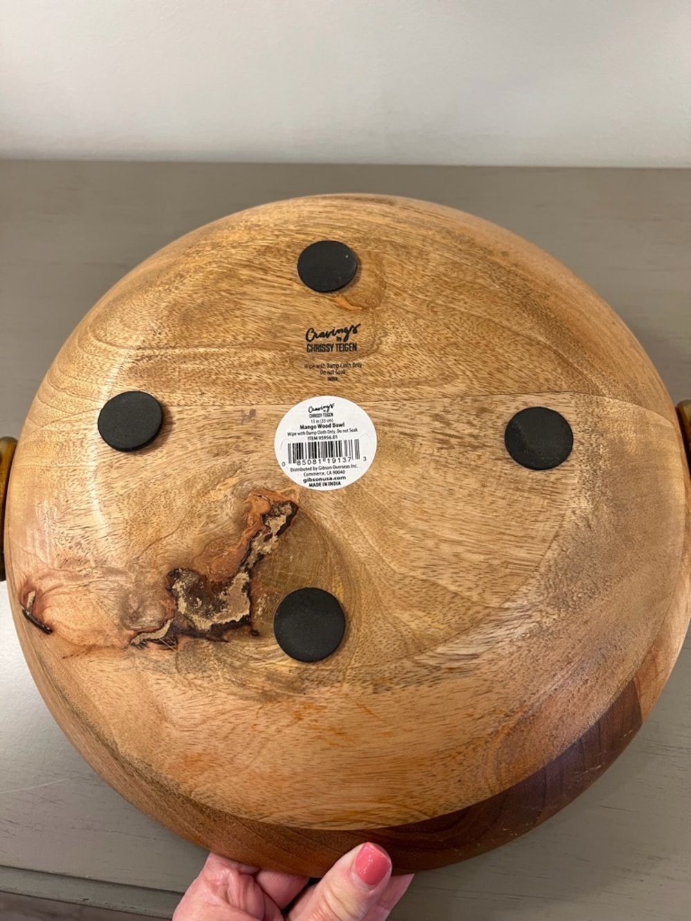 Chrissy Teigen Cravings 13” Mango Wood Bowl Metal Handles Fruit Serving Decor - Picture 6 of 9
